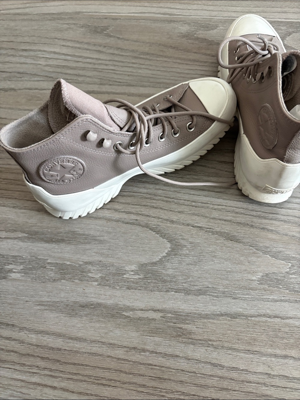 Converse High Top Platform Sneakers in Taupe and White